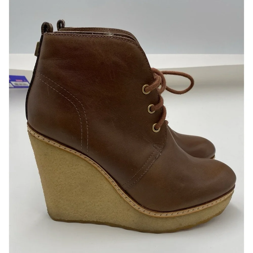 Tory Burch Women's Rabbit‎ Fur Lined Wedge Ankle Boots Brown Size 6